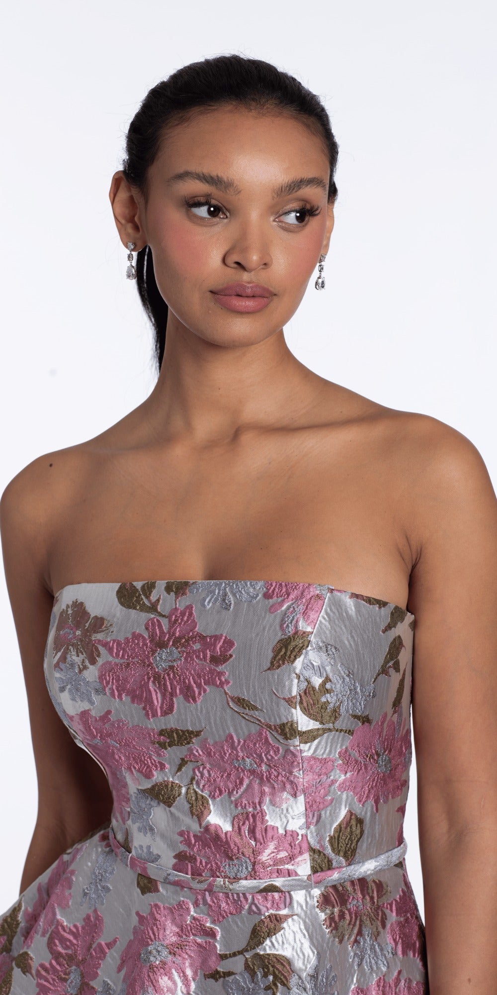 Satin Foil Strapless Sweetheart Column Dress with Cross Over Ruching