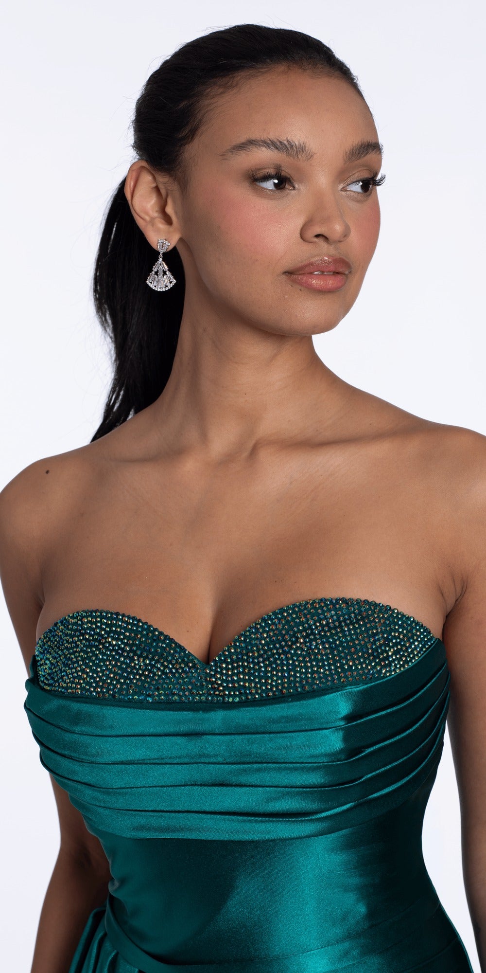 Pleated Glitter Mesh Strapless Dress with Asymmetrical Hem