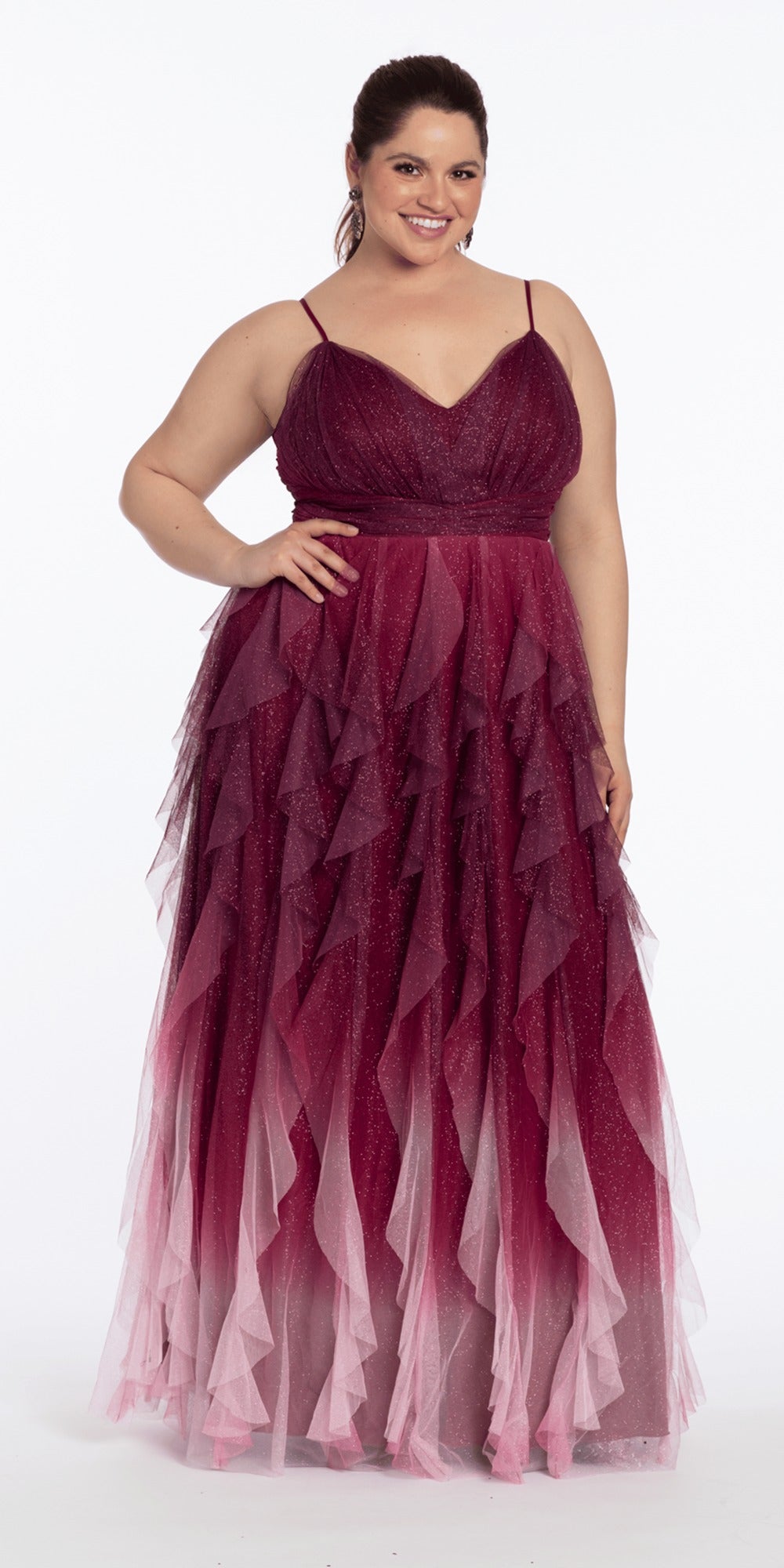 Strapless Tiered Mesh Ballgown with Keyhole and Beading