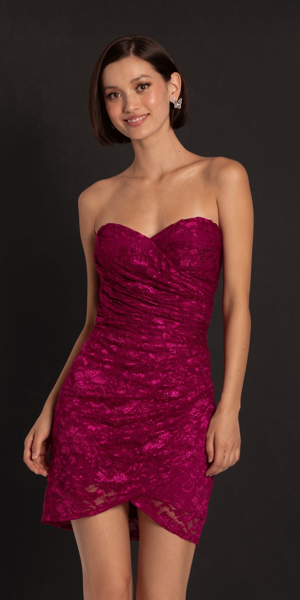 Satin Plunge Trumpet Dress with Side Ruching and Heat Set Stones