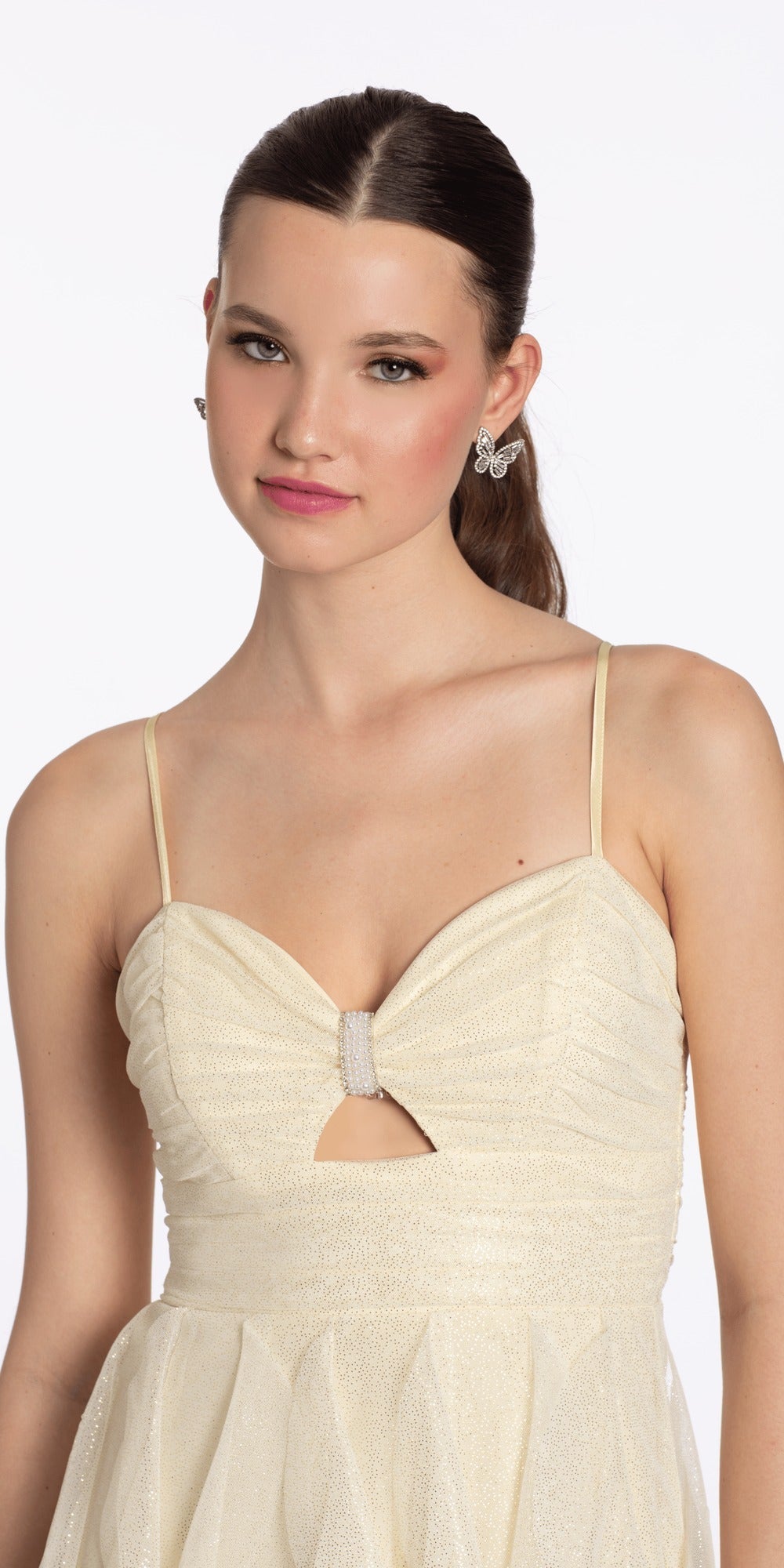 Beaded Embellished Plunging Glitter Mermaid Dress with Mesh Godets