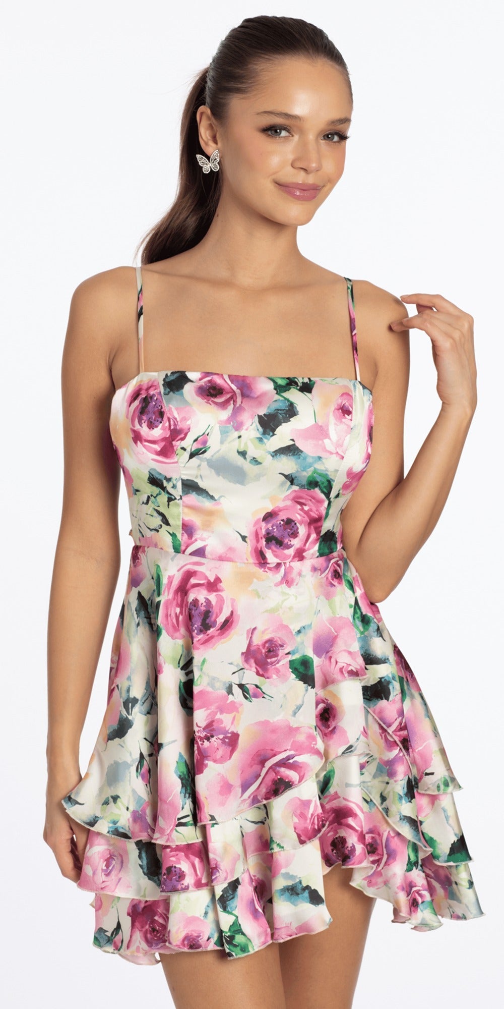 Floral Print Chiffon Drape Front Ruffle High-Low Dress