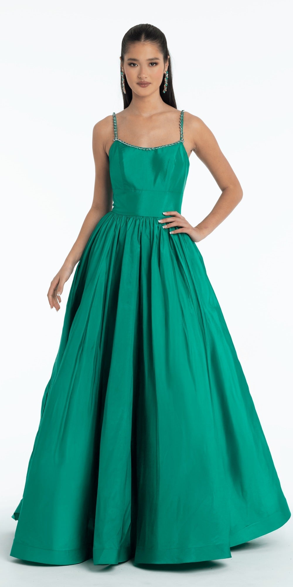 Stone Encrusted Strapless Corset Column Dress with Exaggerated Slit