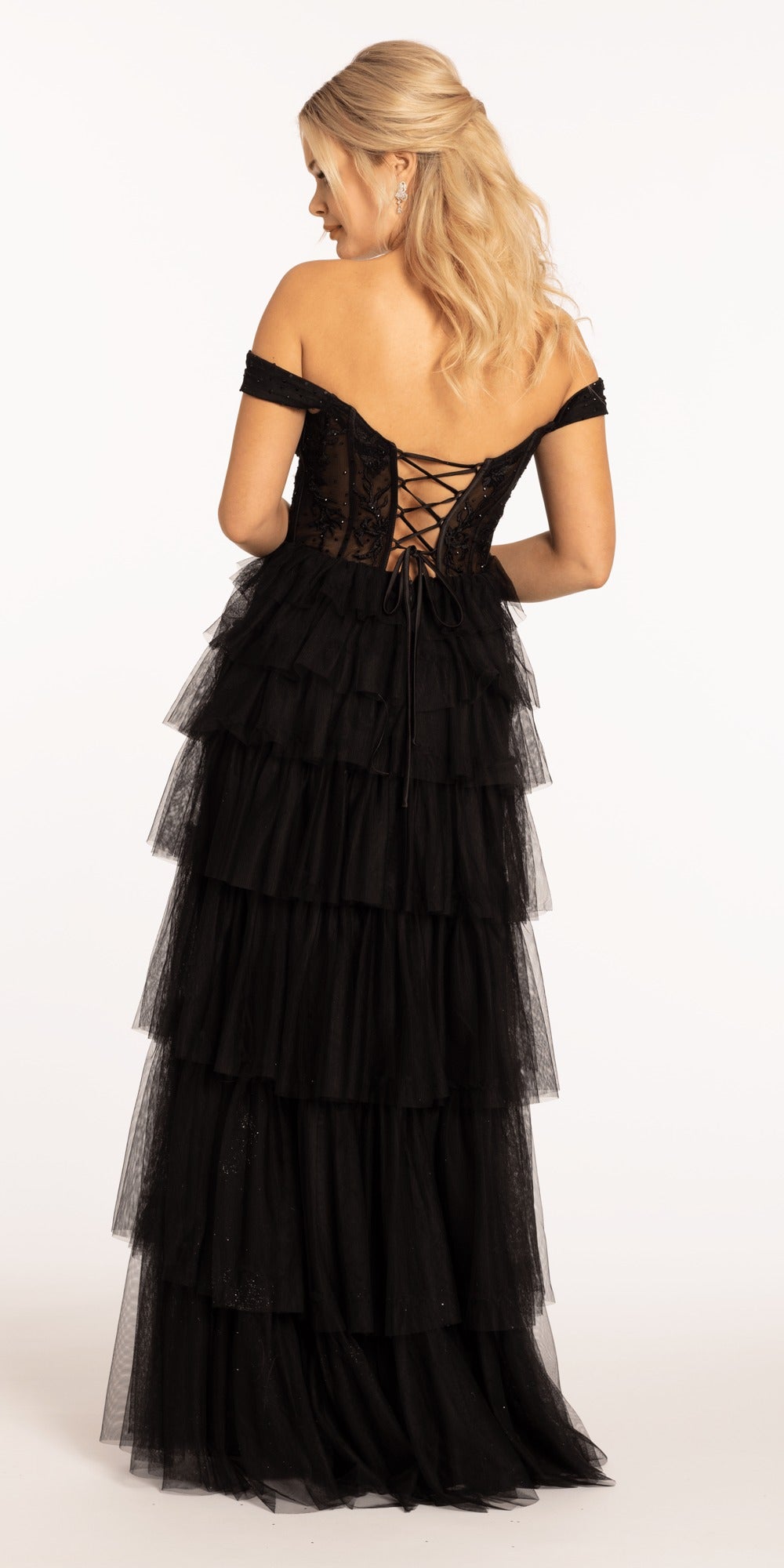 Embroidered Off the Shoulder Tulle Ballgown with Floral Detail