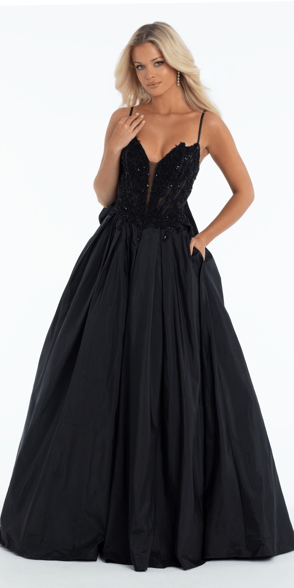 Off the Shoulder Tulle Plunging Beaded Trumpet Dress