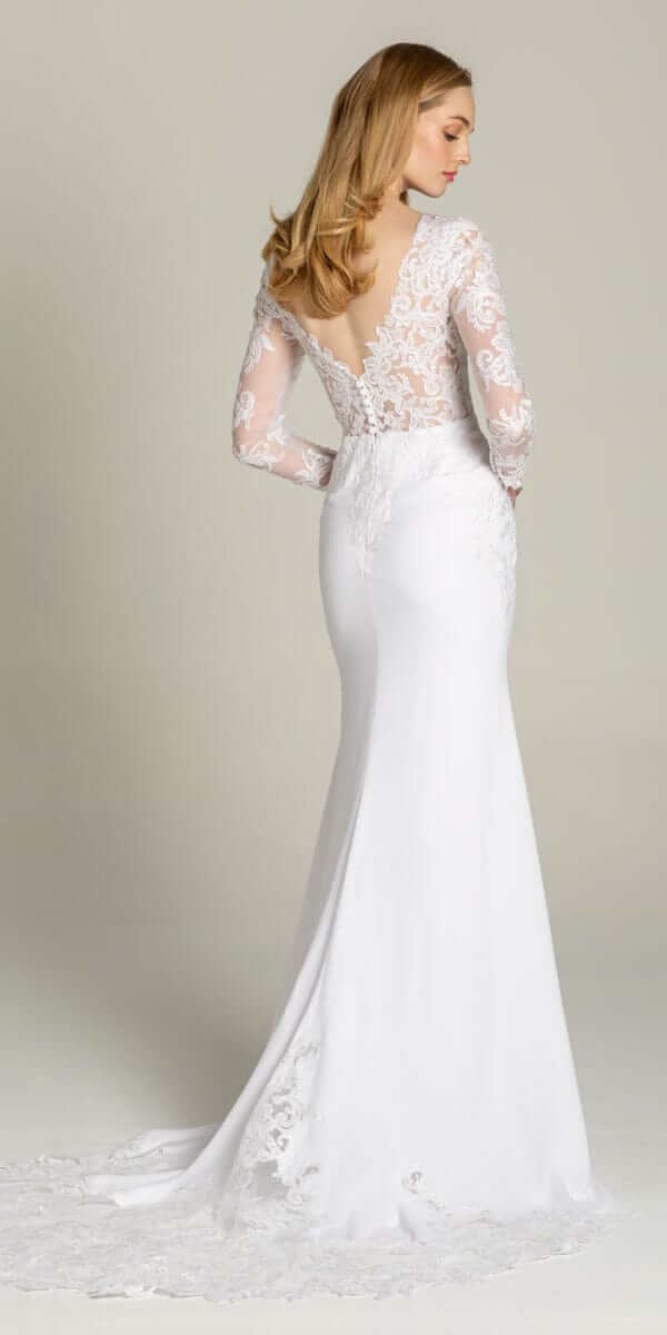 Long Sleeve V Back Crepe Dress with Embellished Appliques