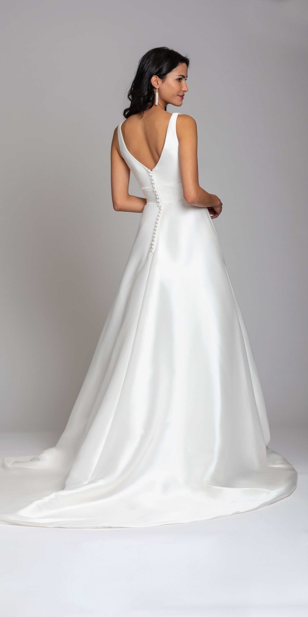 Mikado Plunging Button Back Ballgown with Cathedral Train