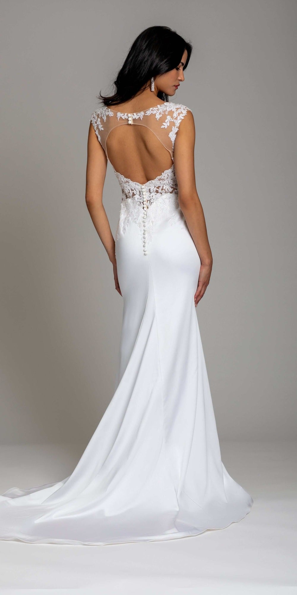Embellished Illusion Keyhole Cap Sleeve Satin Trumpet Dress