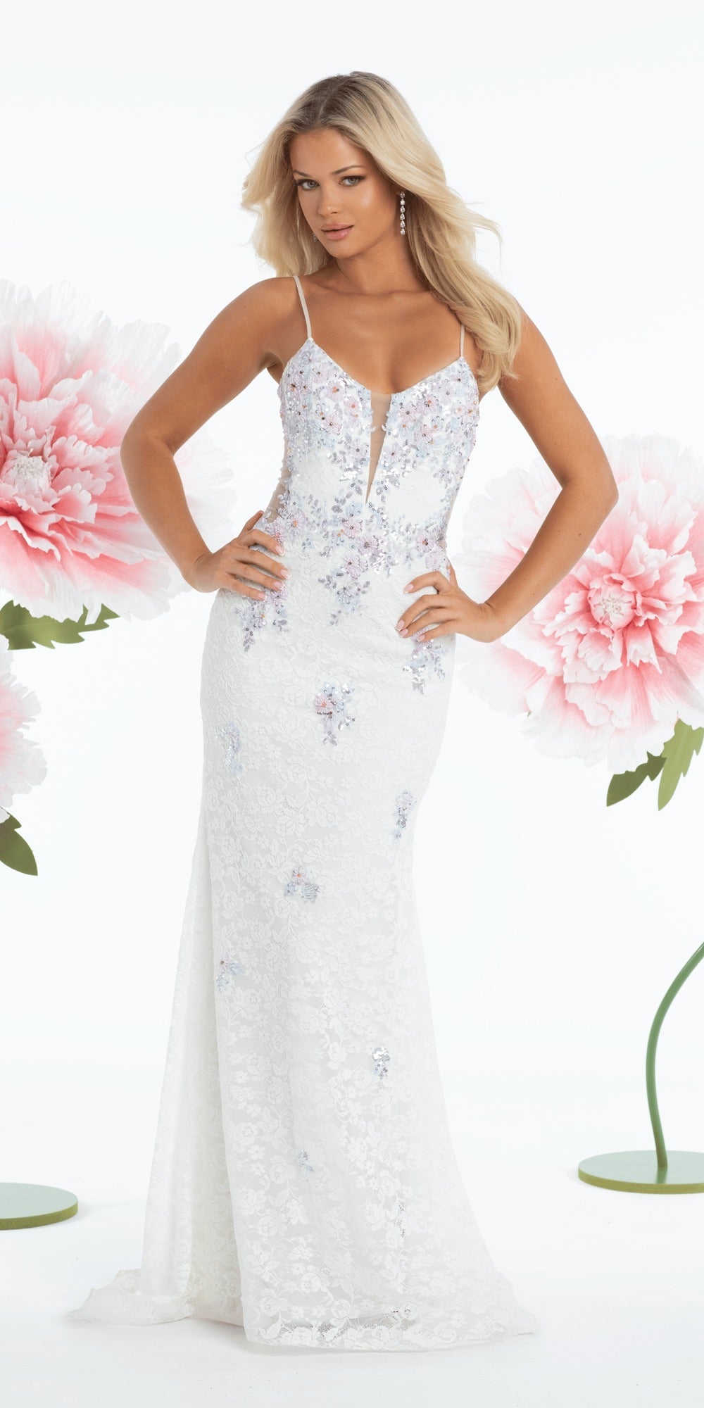 Glow in the Dark Plunging Mesh Glitter Daisy Trumpet Dress