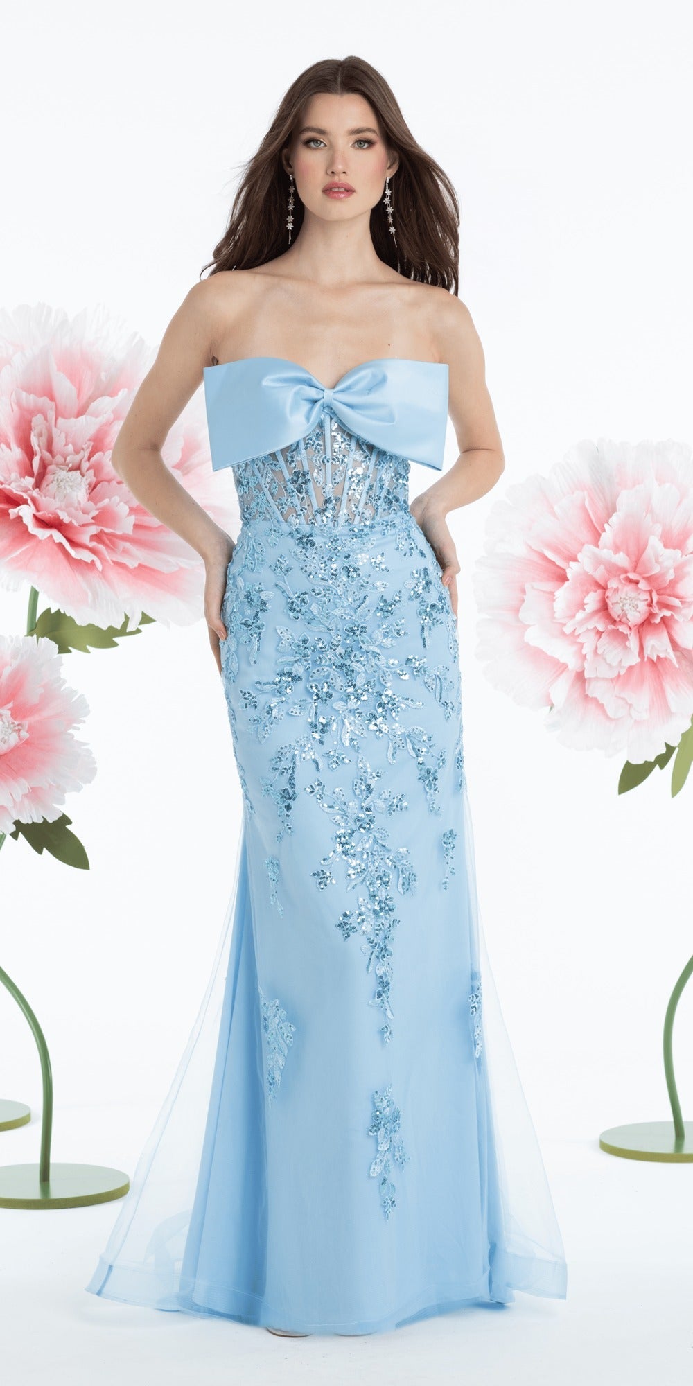 Sequin Embroidered Off the Shoulder Tulle Corset Ballgown
