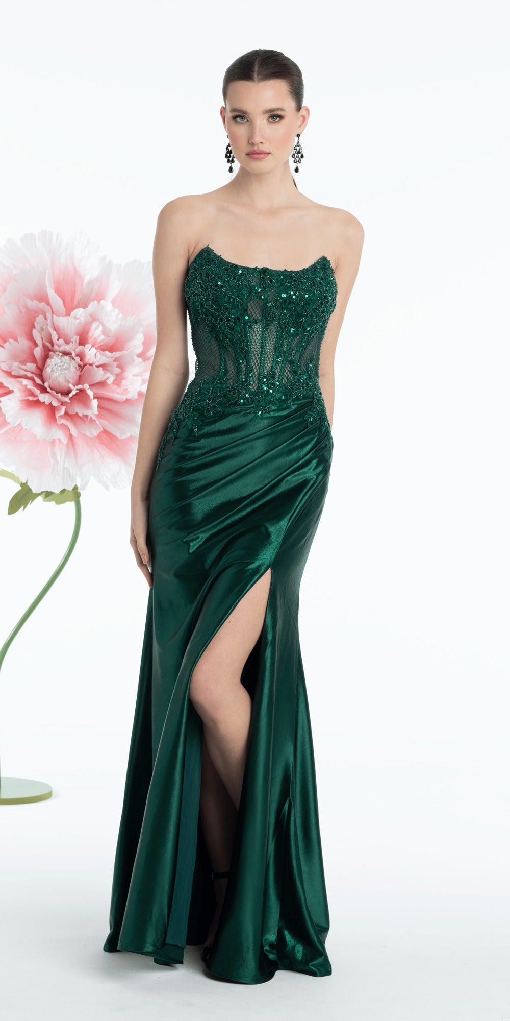 V Back Crossover Beaded Mesh Column Dress with Sheer Side Panels