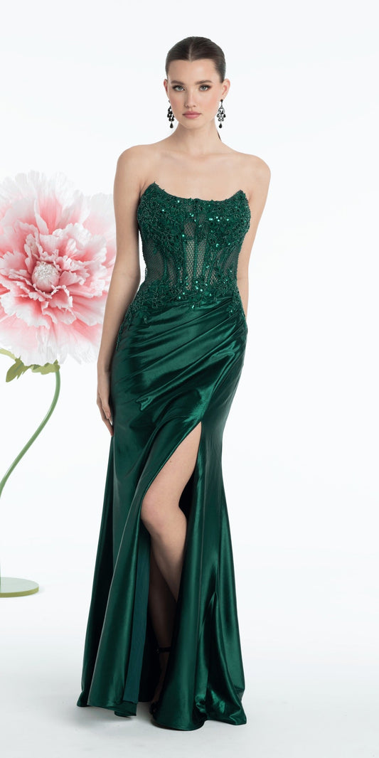 V Back Crossover Beaded Mesh Column Dress with Sheer Side Panels