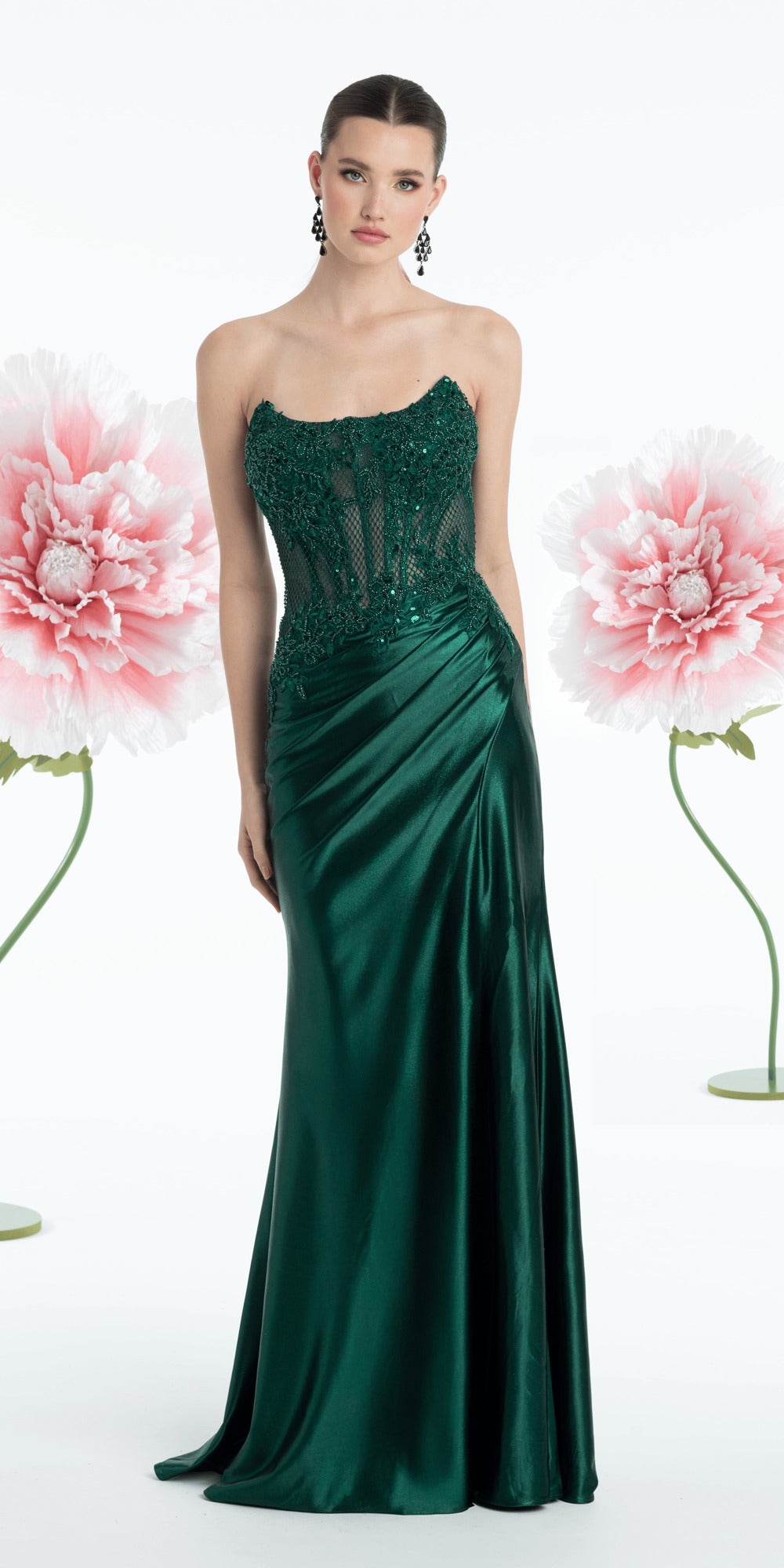 V Back Crossover Beaded Mesh Column Dress with Sheer Side Panels