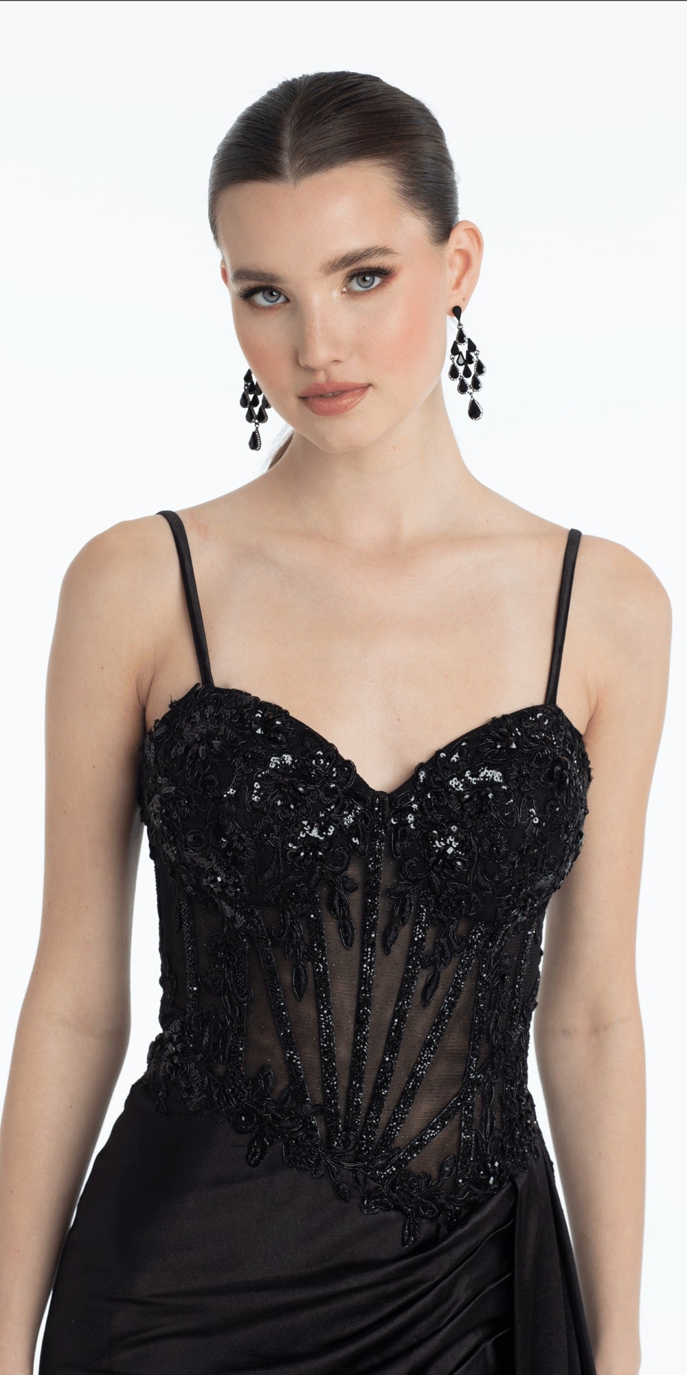 Sateen Pleated Strapless Trumpet Dress with Heat Stones