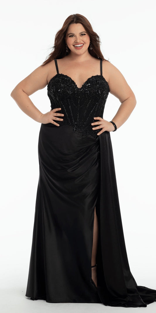 Pearl Accent Floral Embroidered Mesh Corset Mermaid Dress