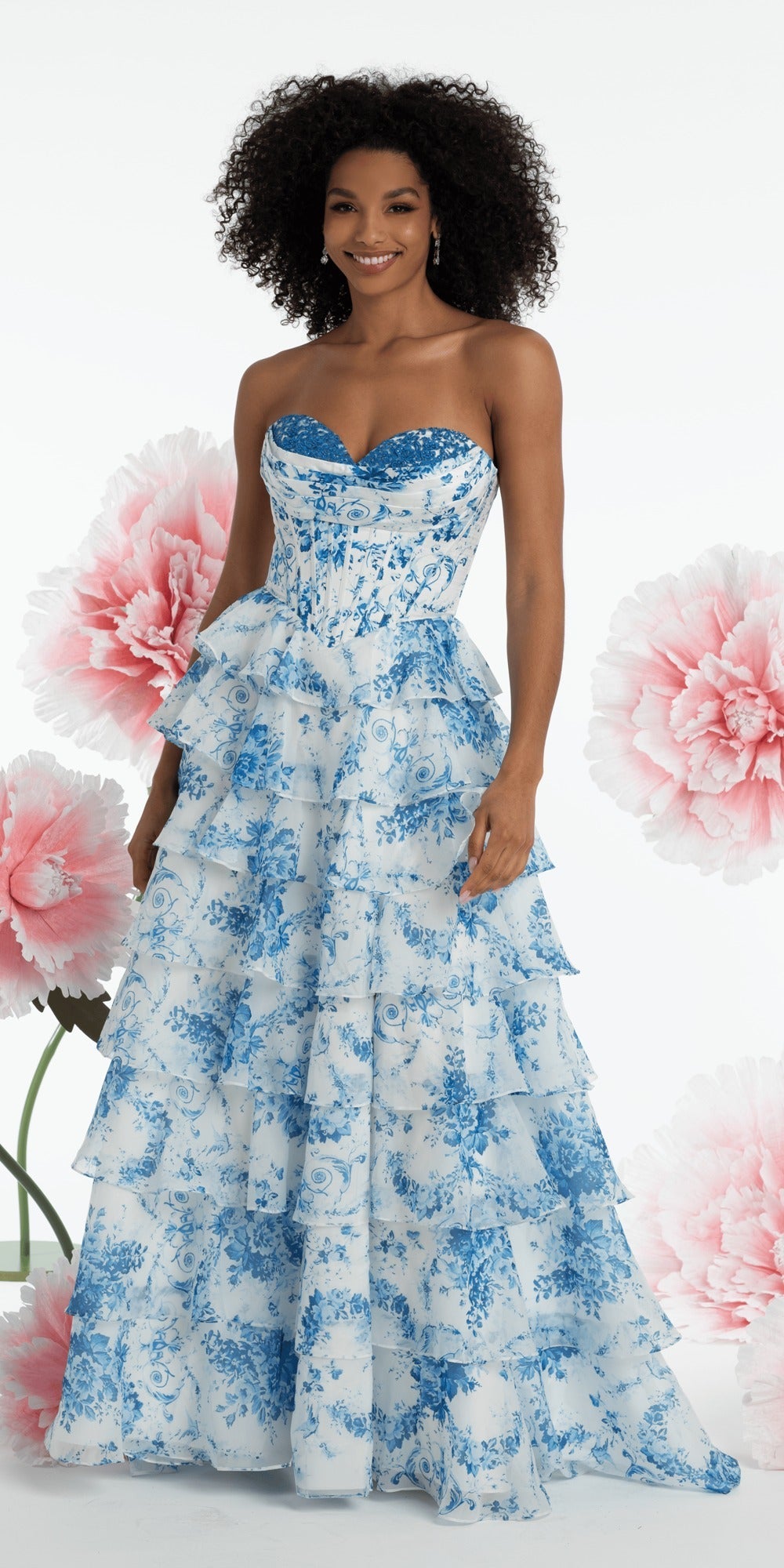 Strapless Floral Embellished Corset Glitter Tulle Ballgown