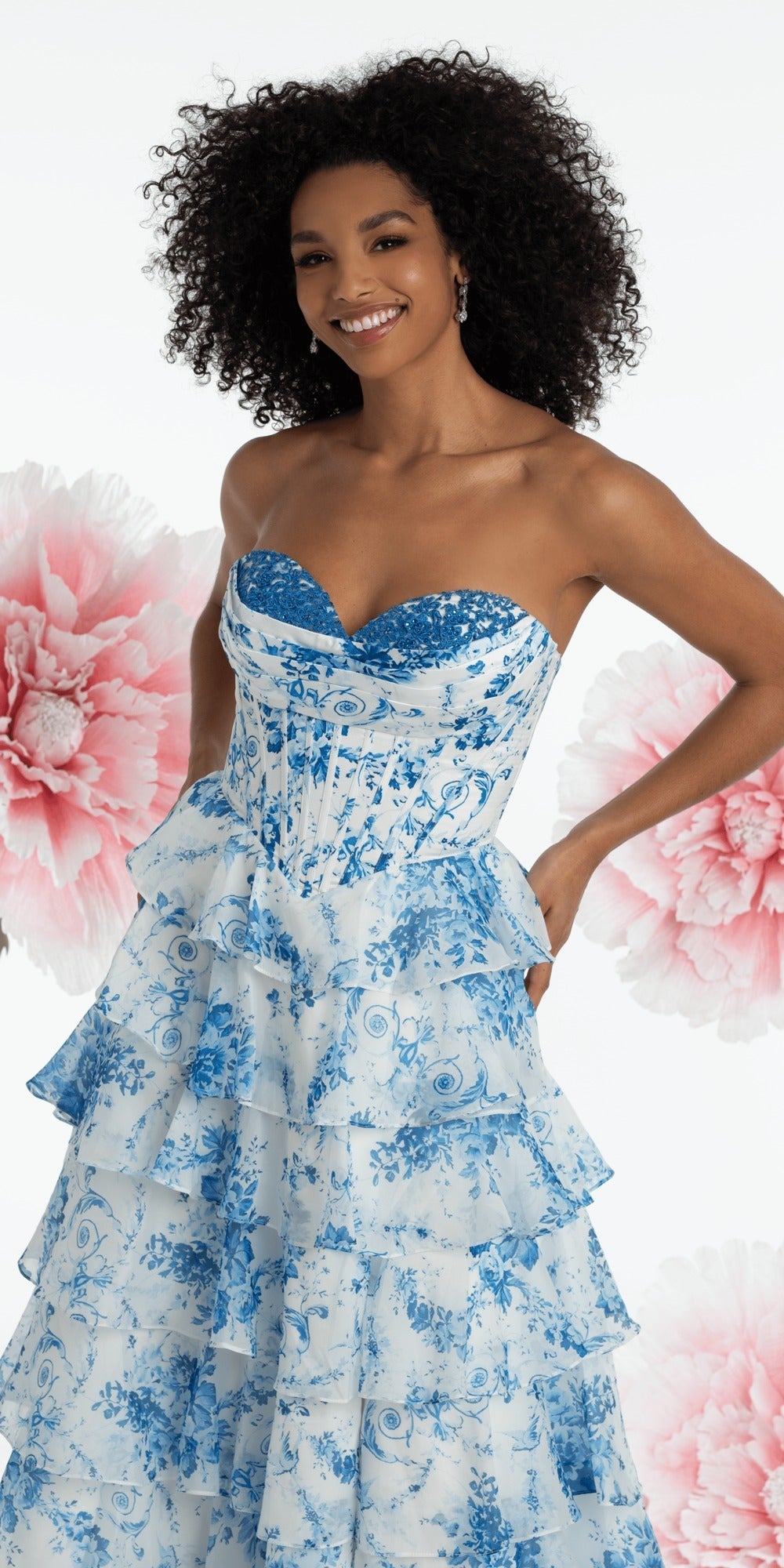 Strapless Floral Embellished Corset Glitter Tulle Ballgown