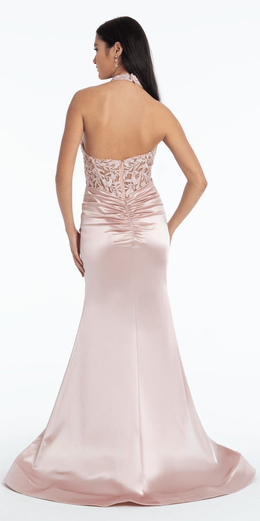 Rhinestone Satin Corset Trumpet Dress with Side Silt
