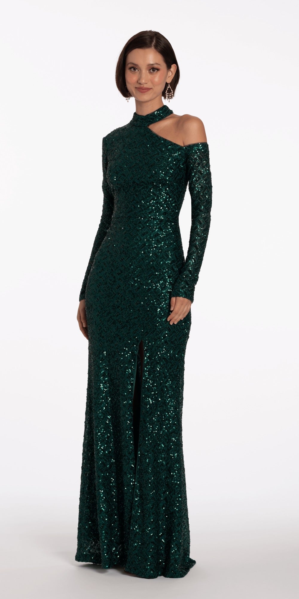 Charmeuse Satin Cutaway Halter Column Dress with Back Ruching