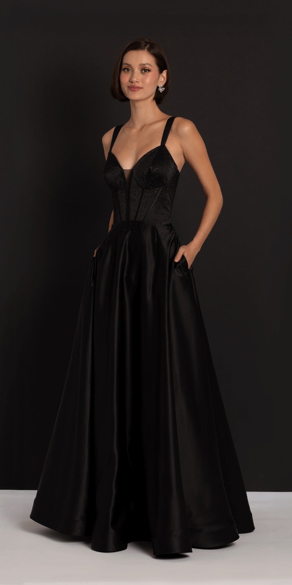 Deep V Beaded Column Dress with Slit