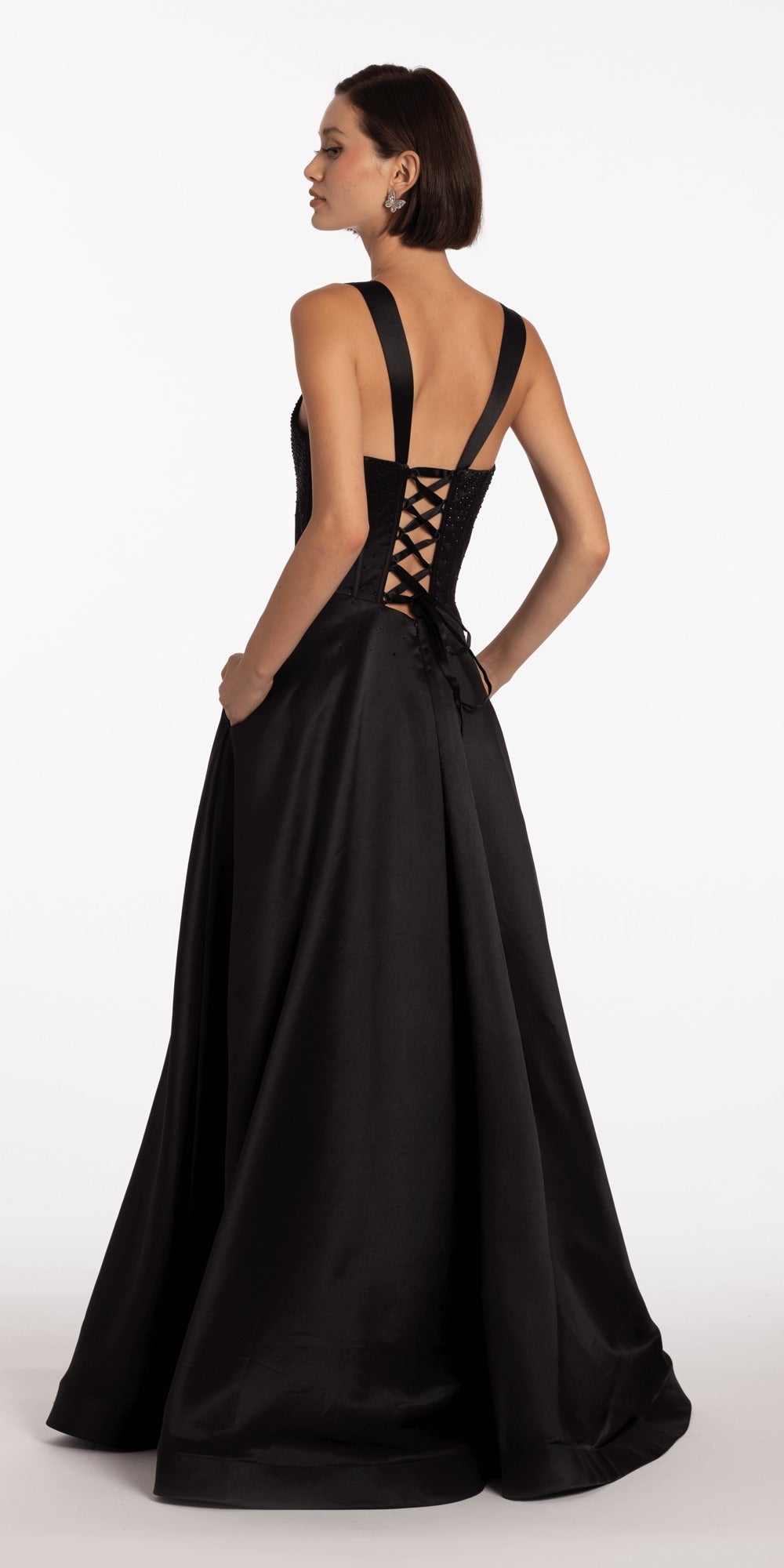 Charmeuse Satin Cutaway Halter Column Dress with Back Ruching