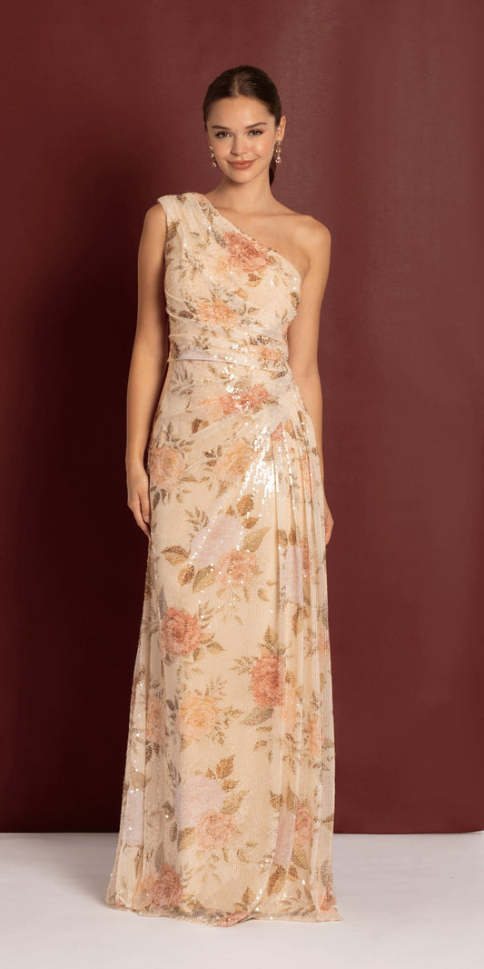 Stretch Sequin Plunge Column Dress with Exaggerated Side Slit