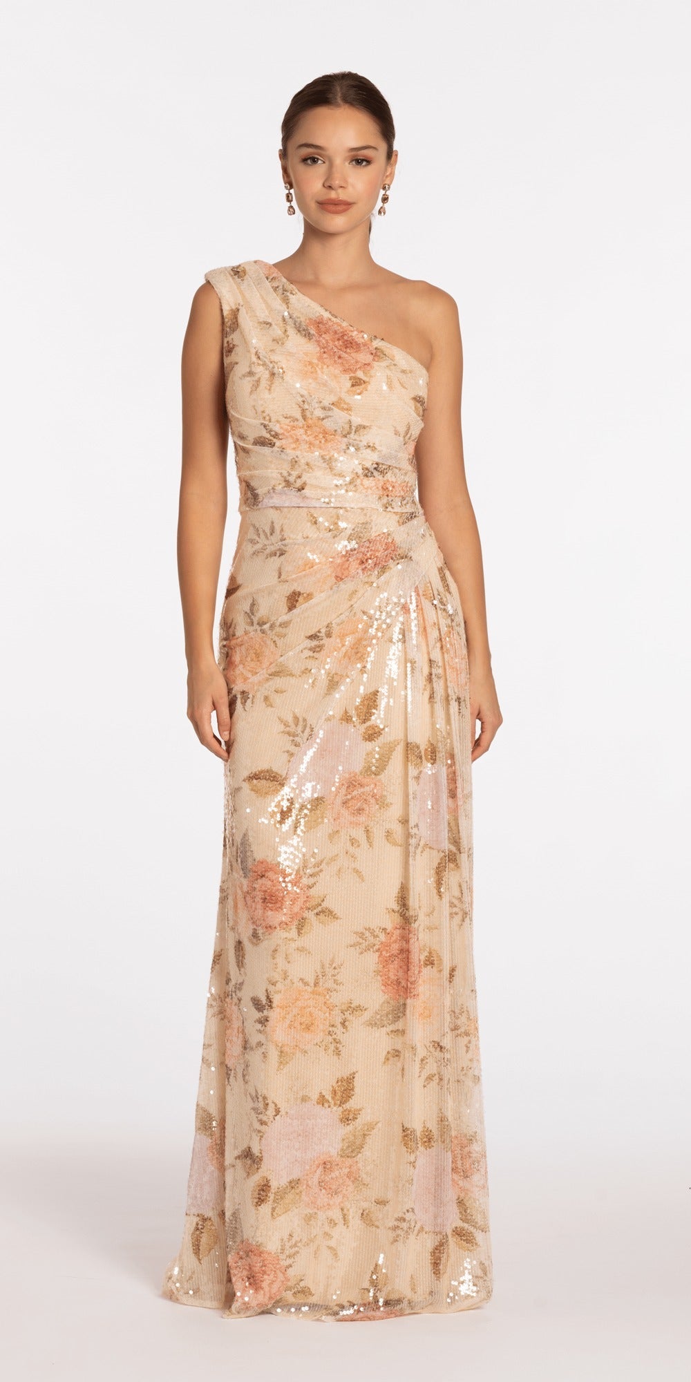 Stretch Sequin Plunge Column Dress with Exaggerated Side Slit