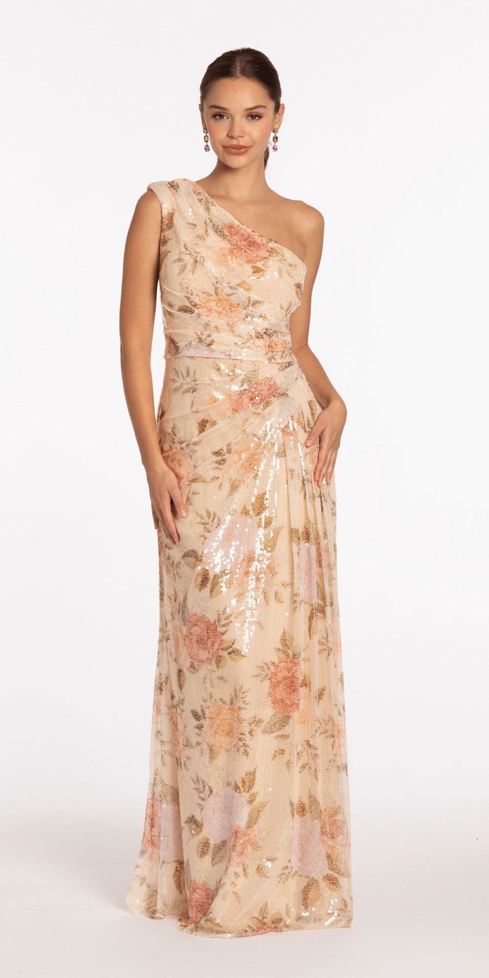 Stretch Sequin Plunge Column Dress with Exaggerated Side Slit