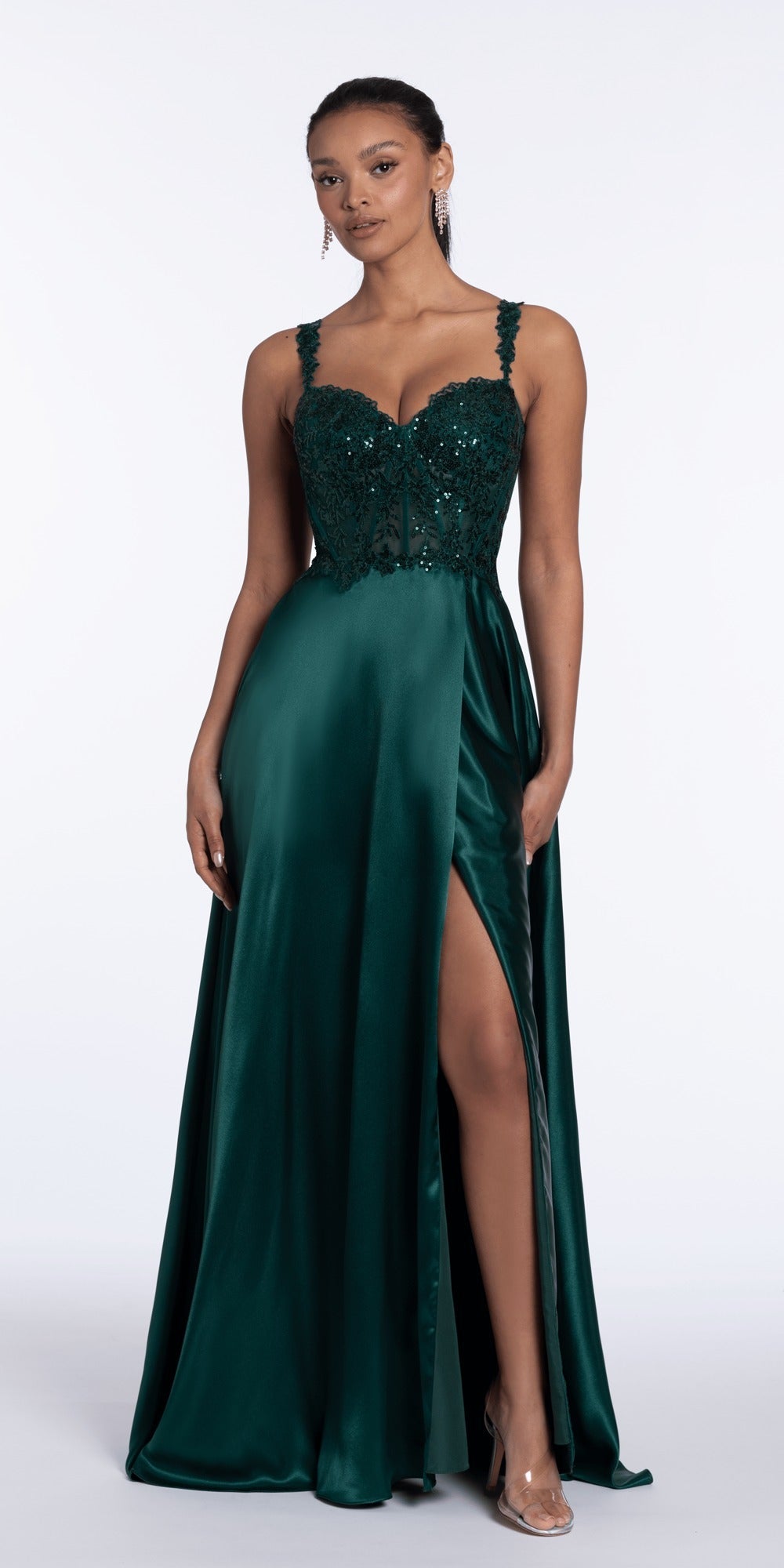 Plunging Sequin Daisy Lace Up Back Trumpet Dress