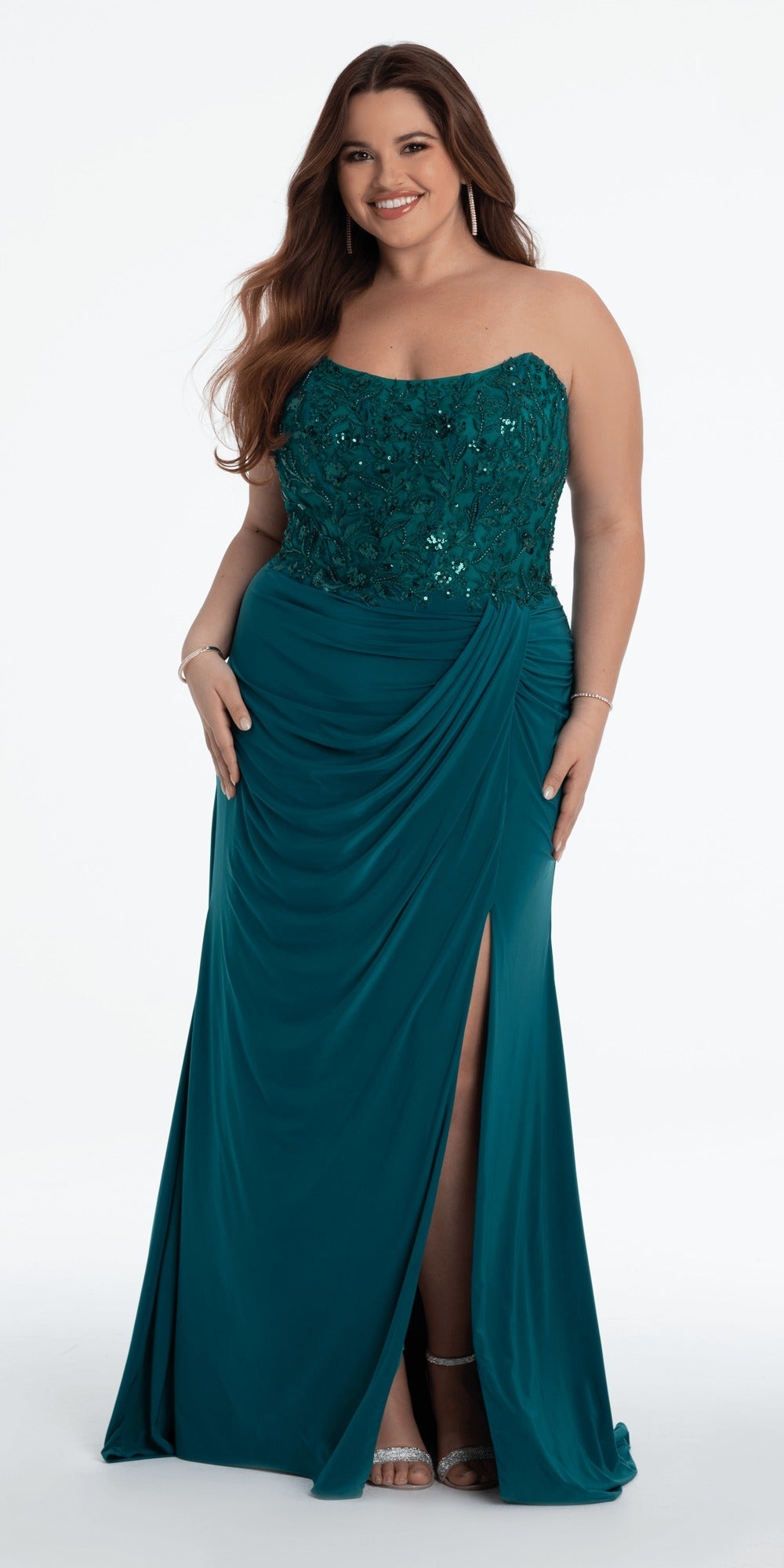 Mesh Strappy Back V Neck Column Dress with 3 D Petals