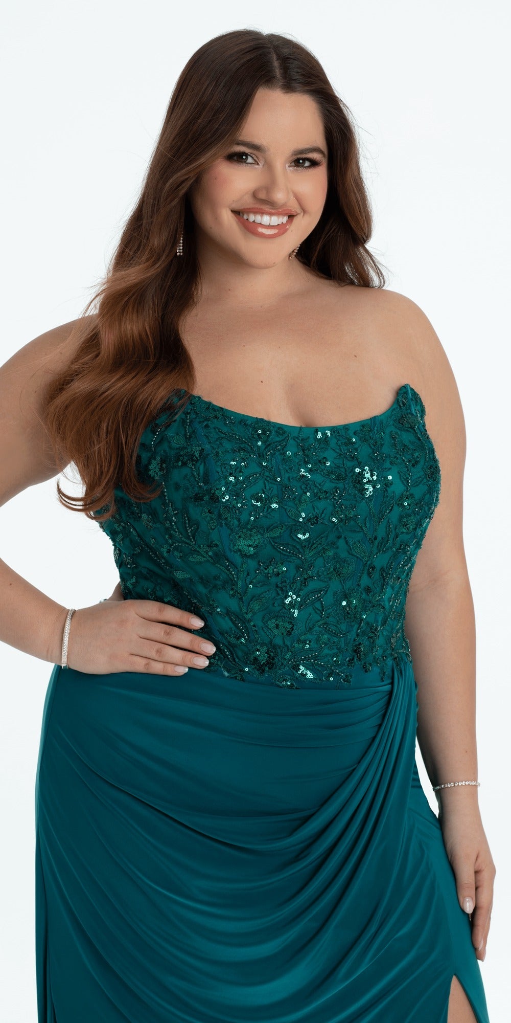 Plunging Pearl Corset Embellished Keyhole Back Dress
