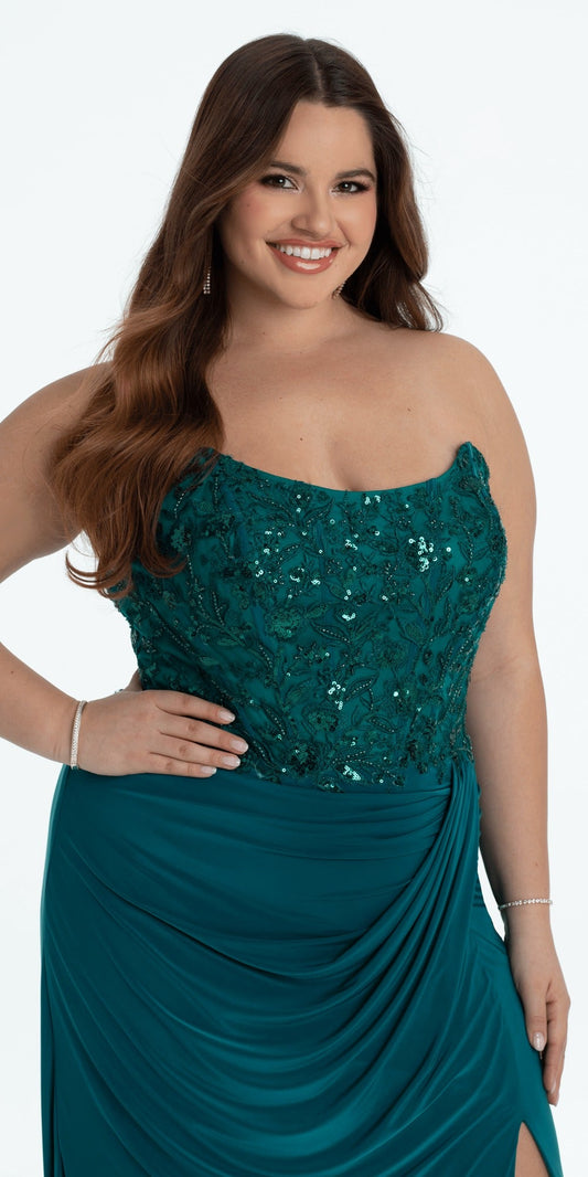 Plunging Pearl Corset Embellished Keyhole Back Dress