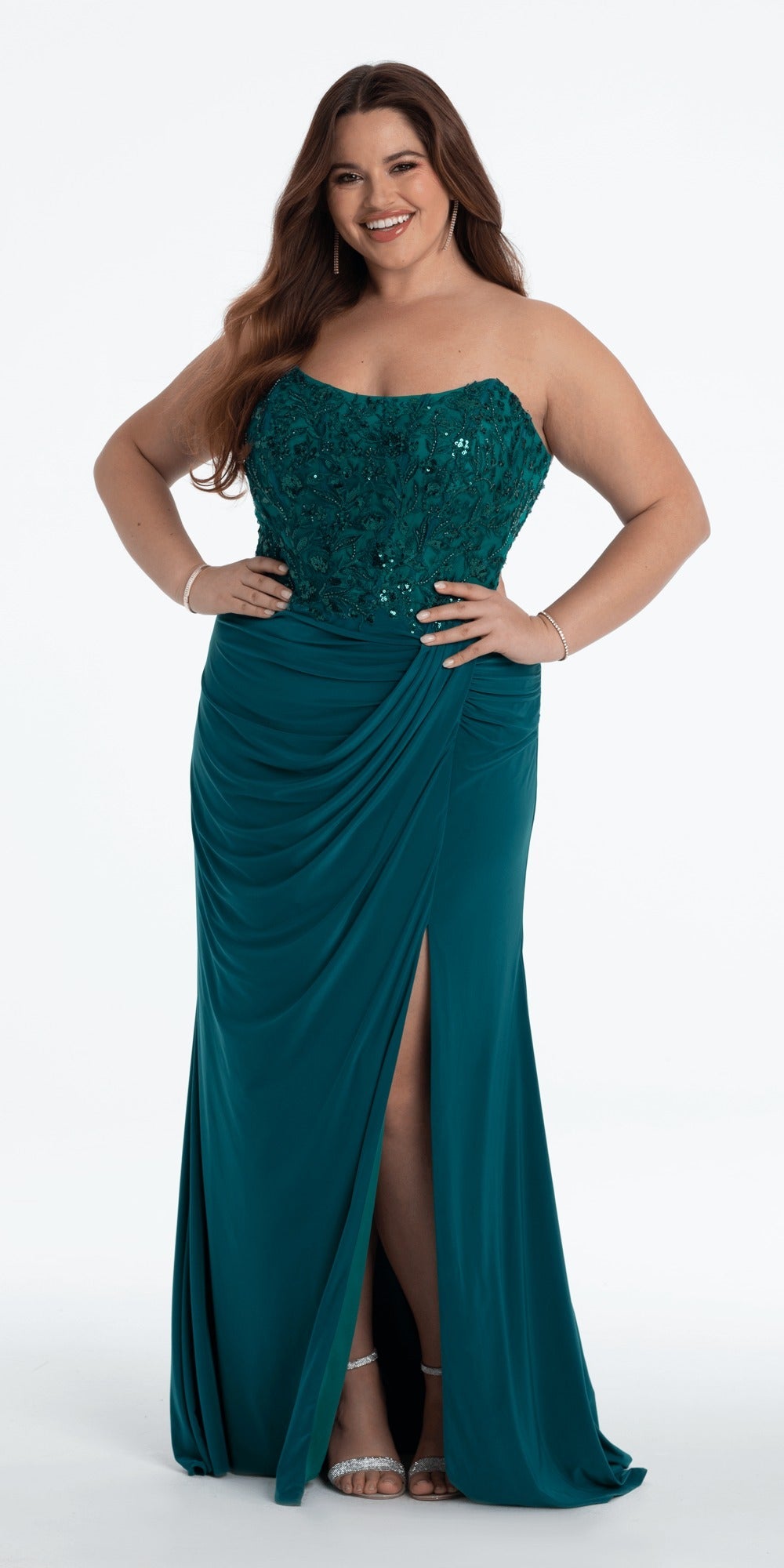 Jewel Neck Taffeta Pleated Ballgown with Pockets