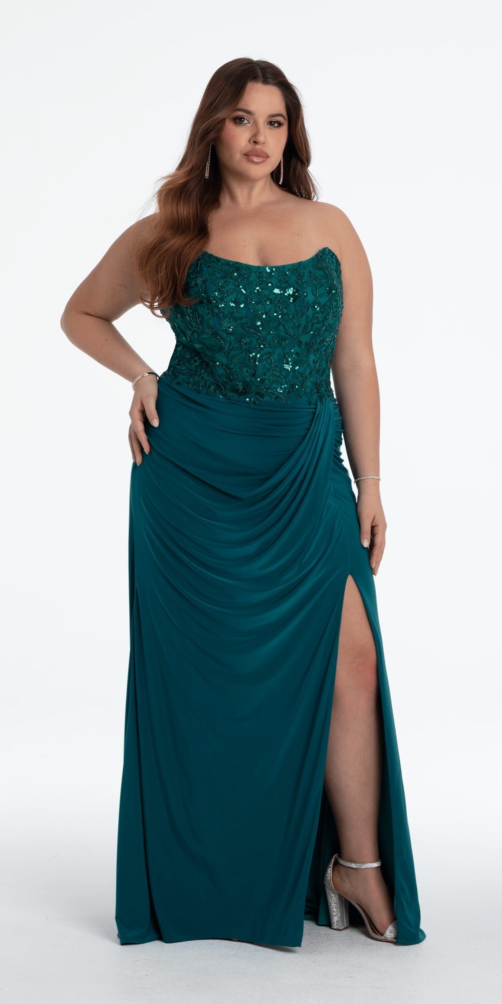Plunging Pearl Corset Embellished Keyhole Back Dress