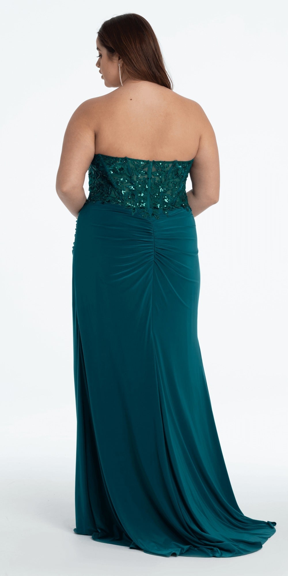 Plunging Pearl Corset Embellished Keyhole Back Dress