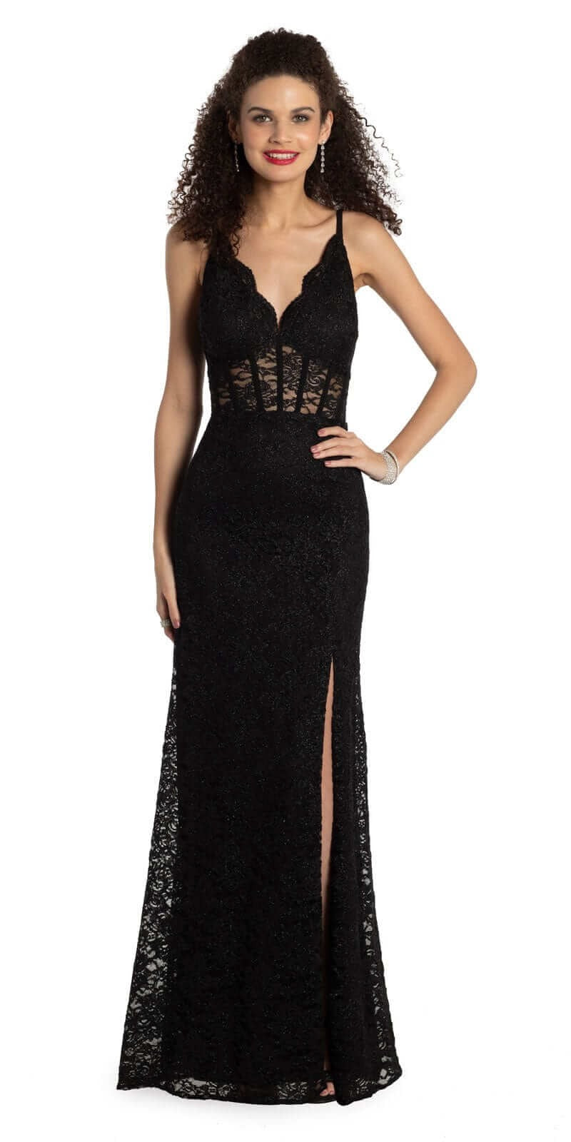 Plunging Pearl Corset Embellished Keyhole Back Dress