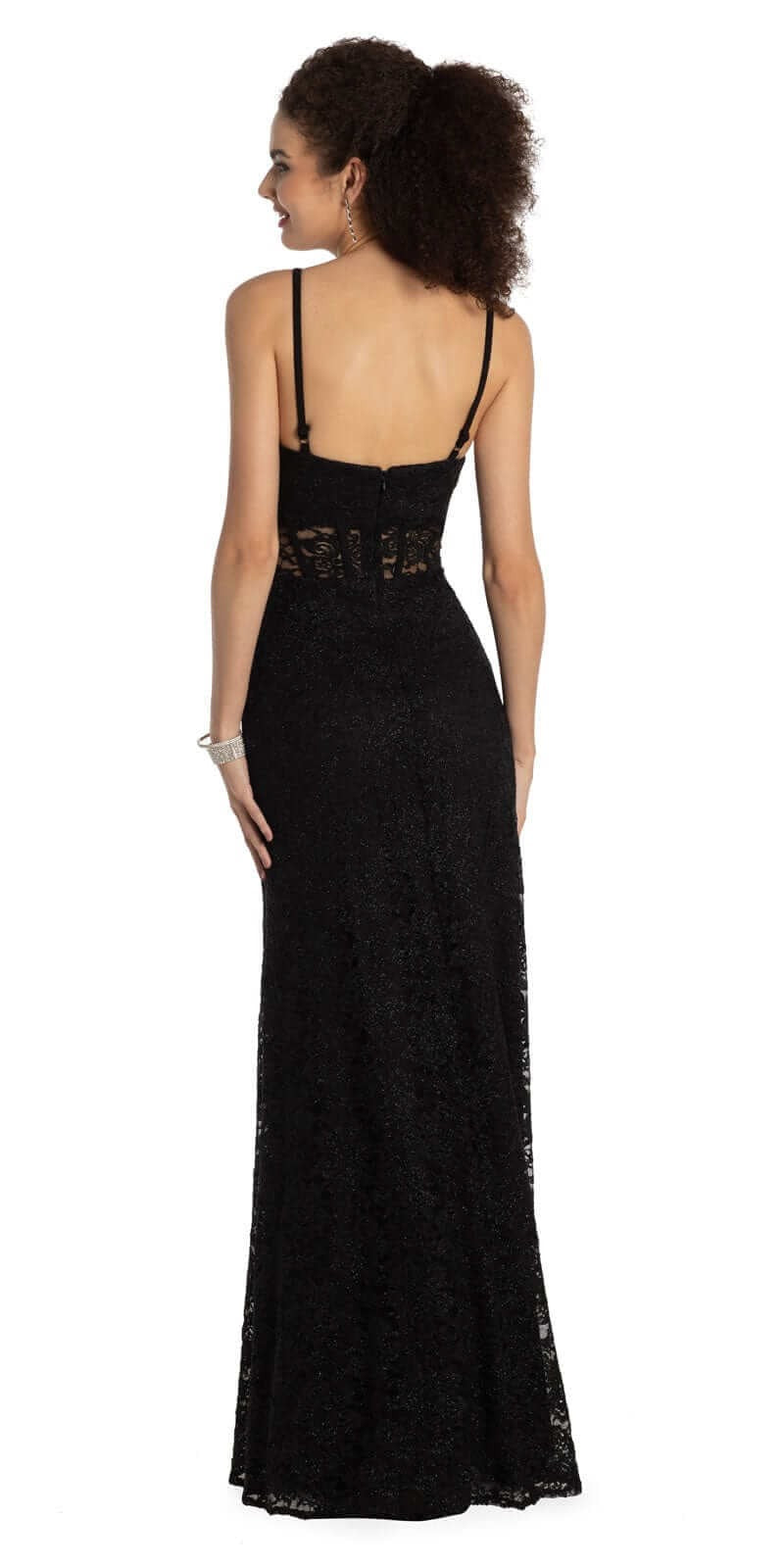 Strappy Back Crystal Beaded Lace Plunge Mermaid Dress with Godets