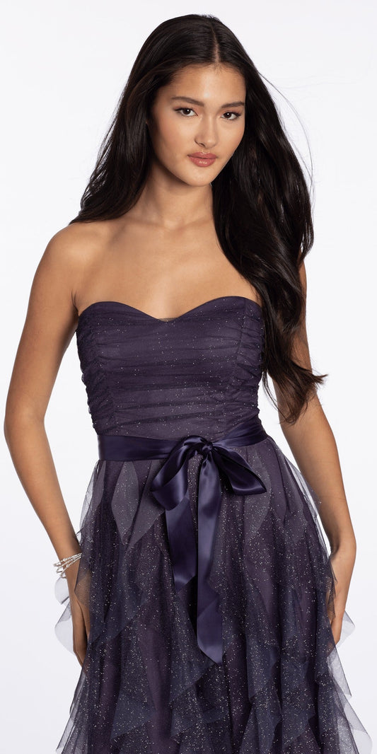 Strapless Ruffle Crepe Column Dress with Side Ruffle