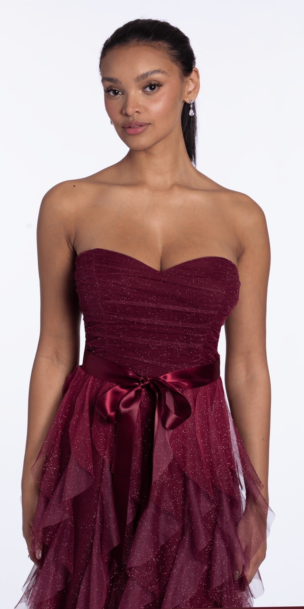 Pleated Peek-a-Boo-Sweetheart Tulle Tiered Ballgown with Heat Set Stones