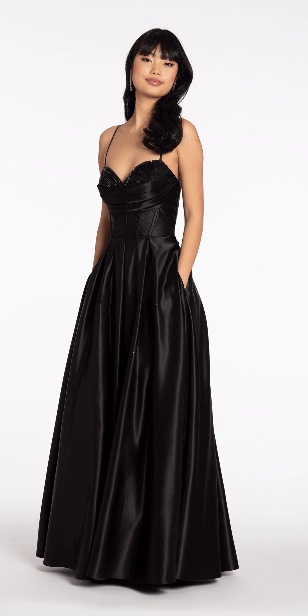 Two Tone Metallic One Shoulder Column Dress with Side Cascade