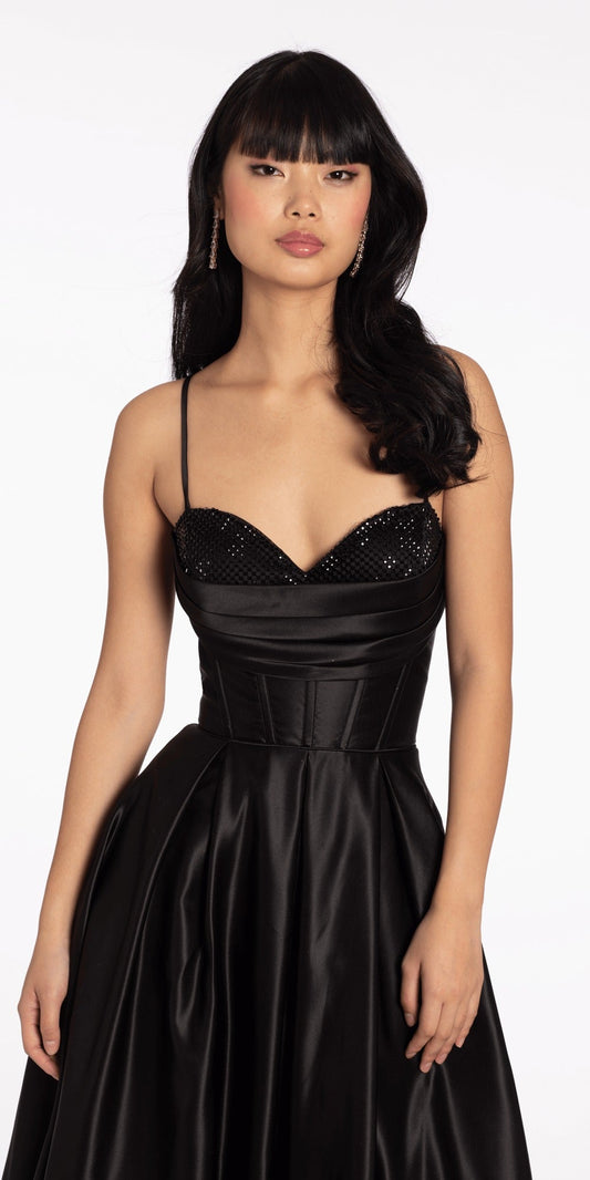 Satin Beaded Bow Corset Ballgown with Pockets