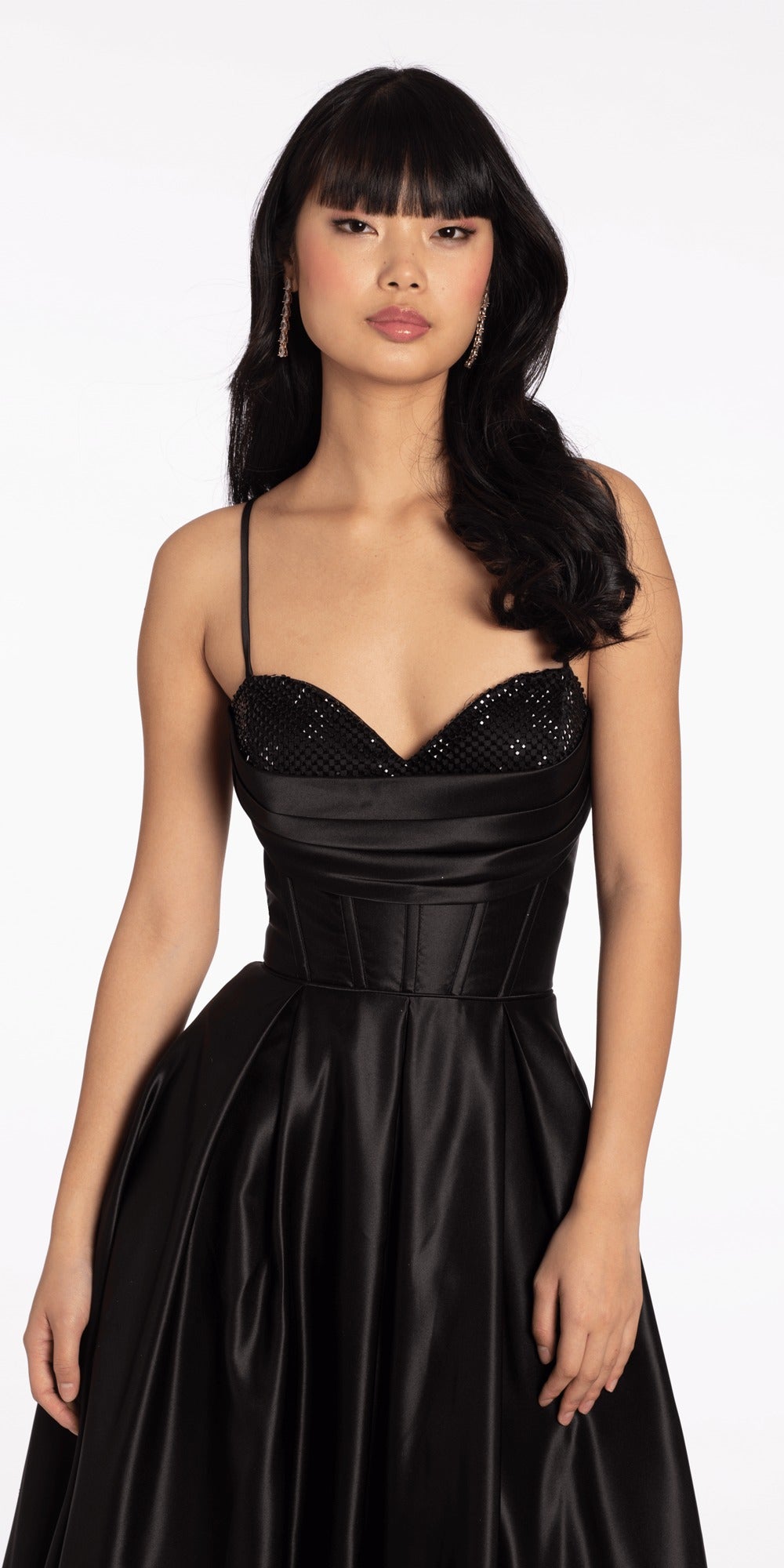 Two Tone Metallic One Shoulder Column Dress with Side Cascade