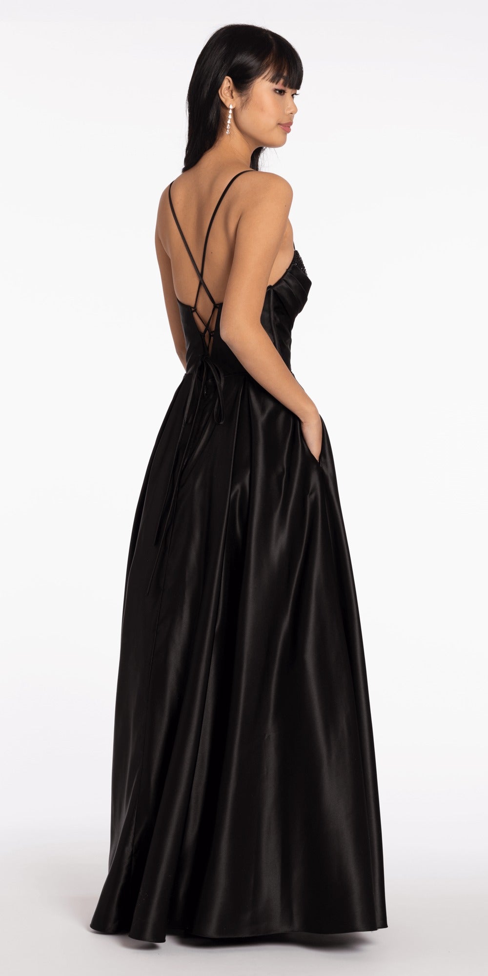 Two Tone Metallic One Shoulder Column Dress with Side Cascade