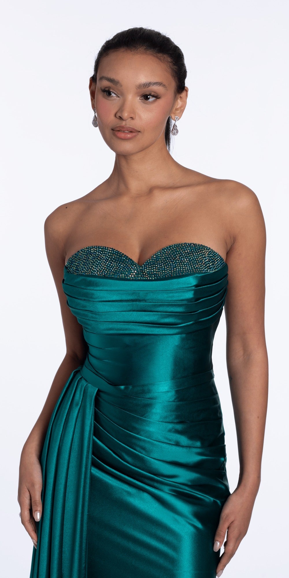Satin Drape Halter Tie Neck Column Dress with Brooch