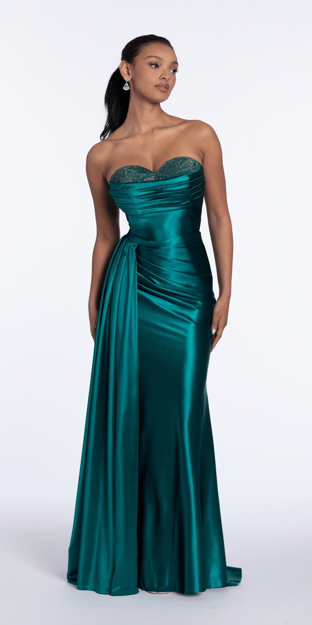 Satin Drape Halter Tie Neck Column Dress with Brooch