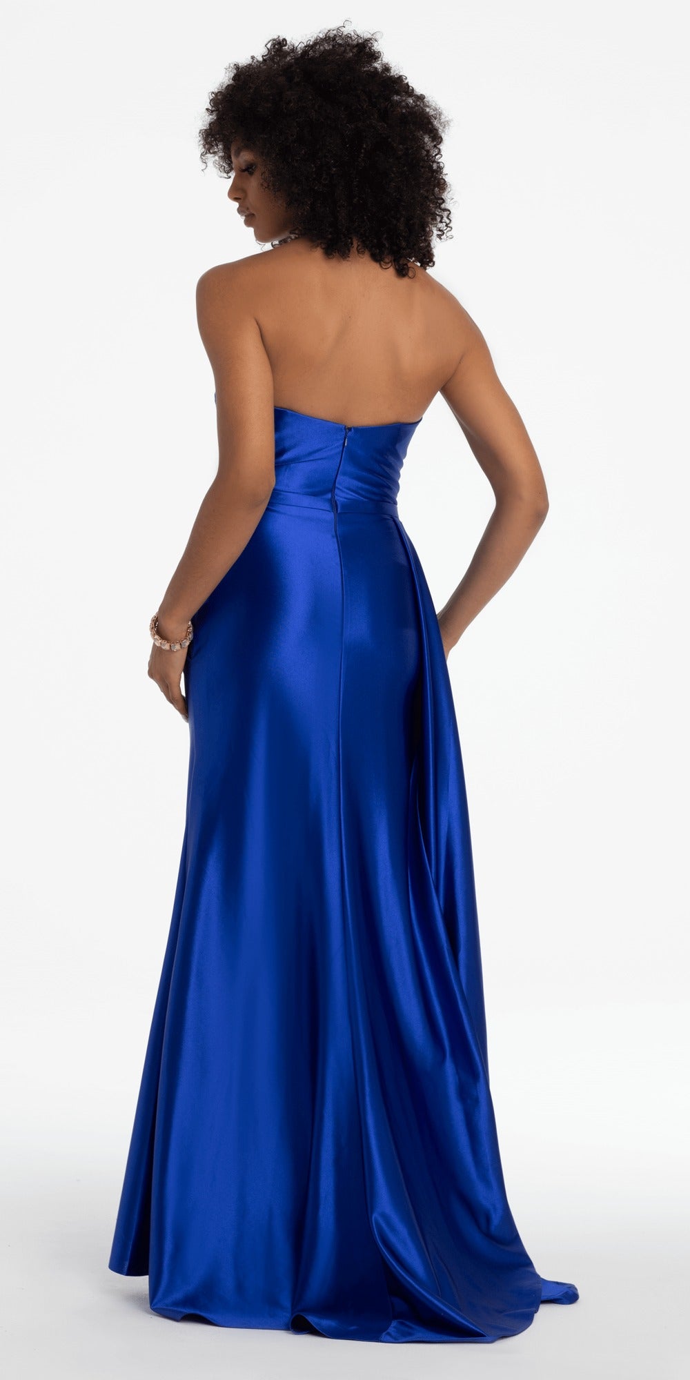 Strapless Pleated Mesh Stone Corset Column Dress with Scarf