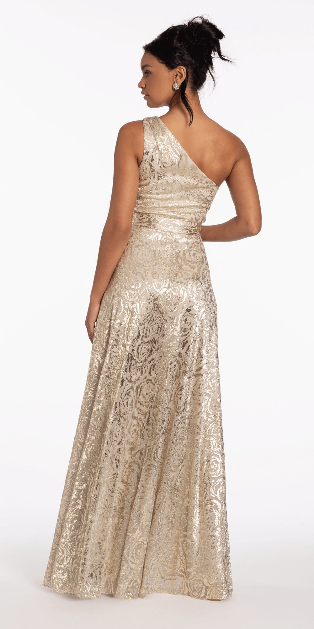 Stretch Crepe One Shoulder Dress with Mikado Cascades