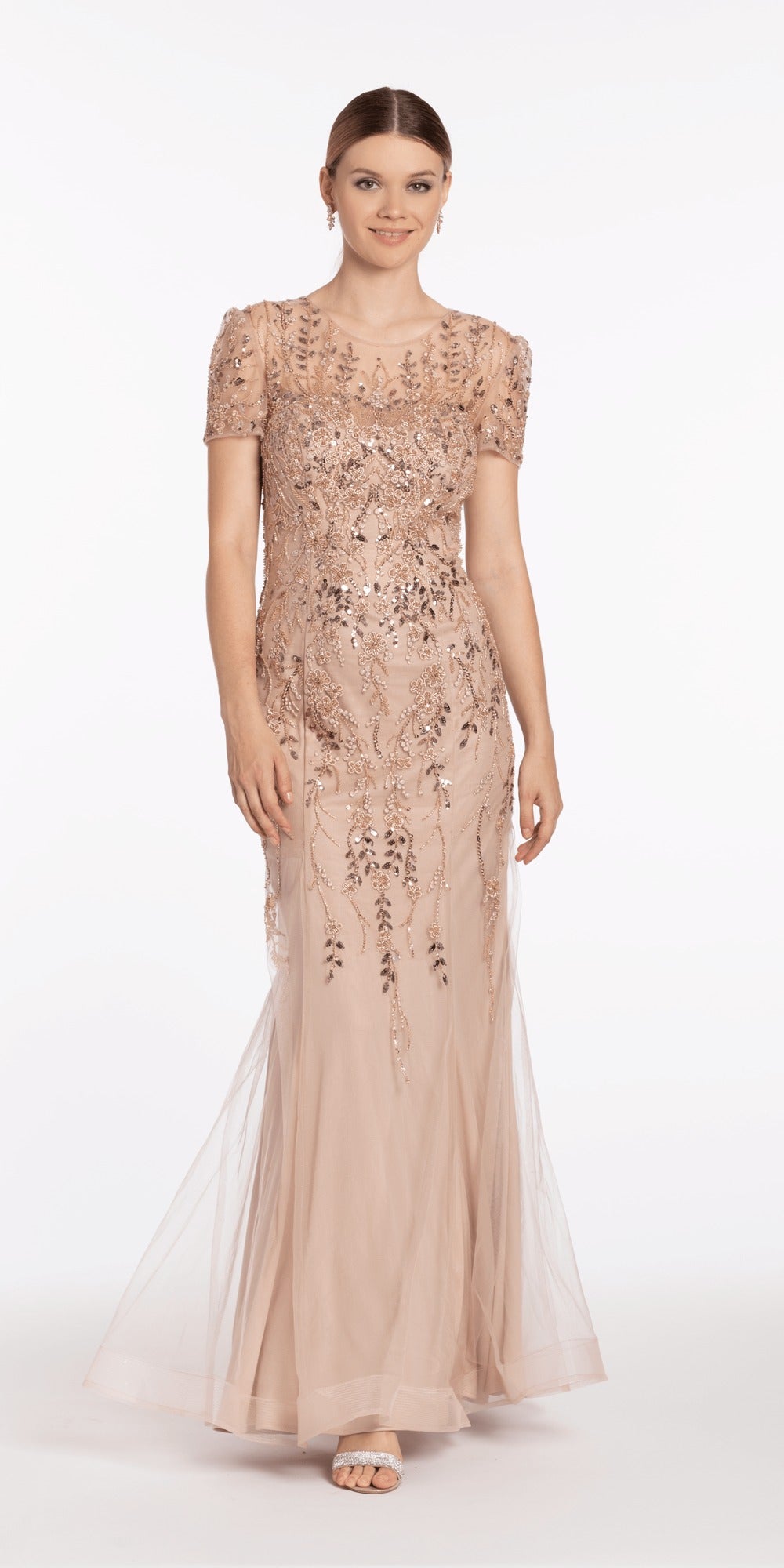 Sequin V Neck Mesh Embroidered Mermaid Dress with Godets