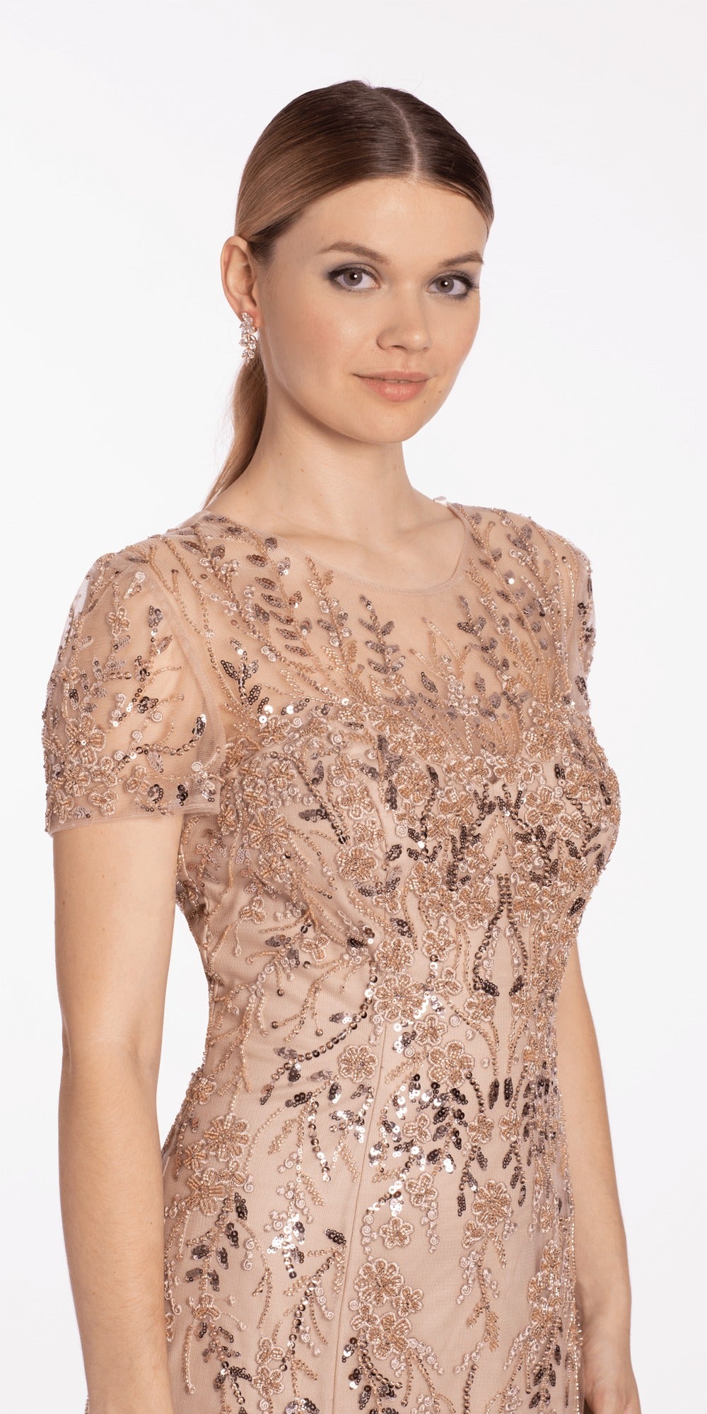 Sequin V Neck Mesh Embroidered Mermaid Dress with Godets