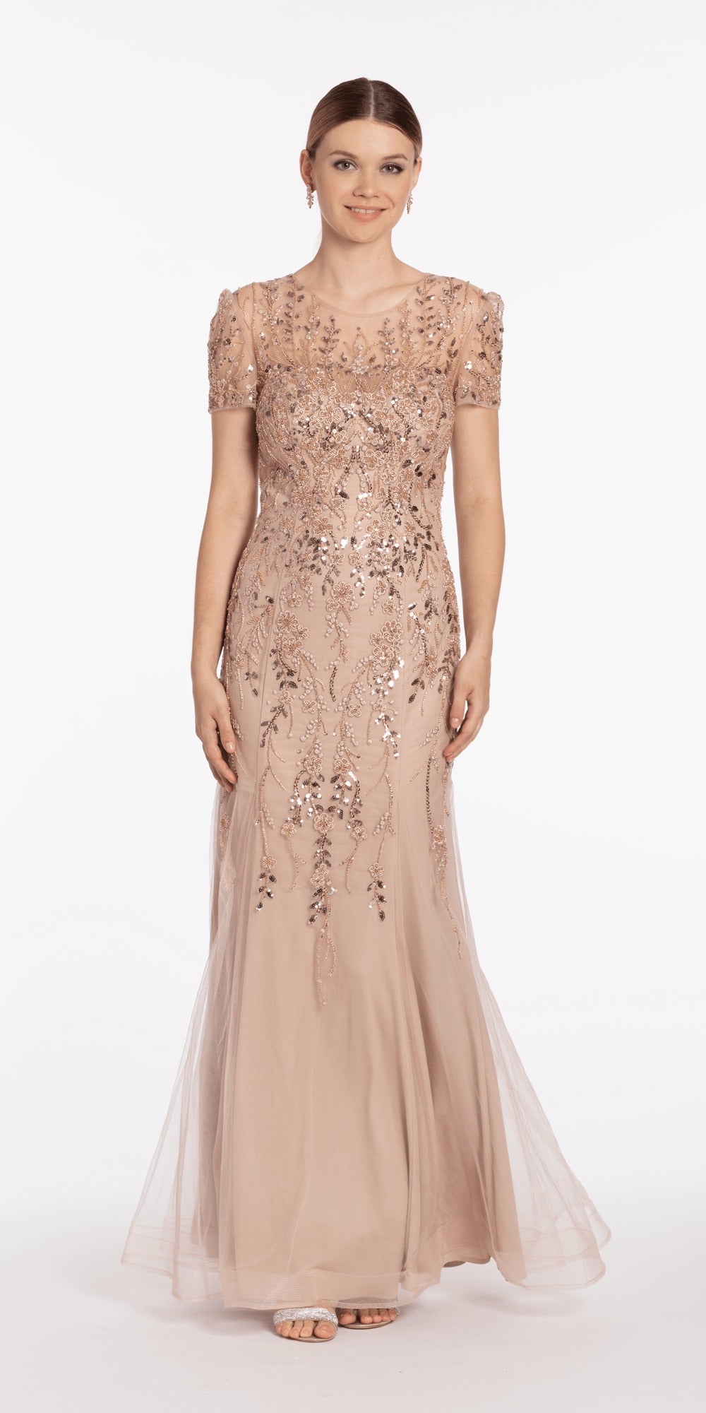 Sequin V Neck Mesh Embroidered Mermaid Dress with Godets